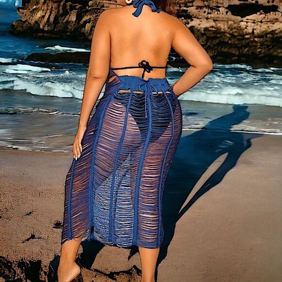 Halter l Blue / White l Soft Stretch l Swimsuit Cover Up, Dress l OX-3X l New - Picture 7 of 10